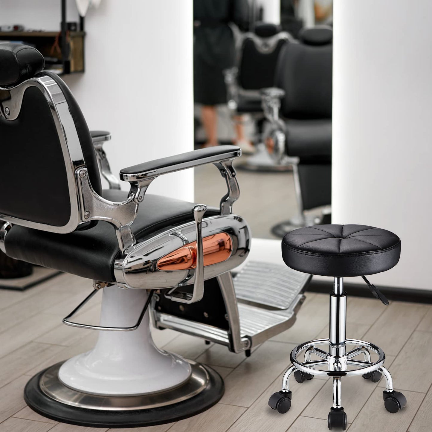 HMTOT Round Rolling Stool with Wheels Height Adjustable Swivel Stool Chair for Spa Salon Massage Black
