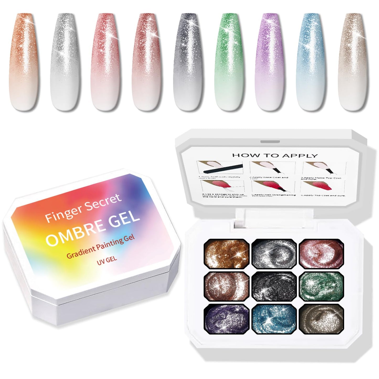 Ombre Nail Gel Set - 9 Colors Sponge Pat Paint for Floral Nail Art, No Wipe, UV/LED Curing