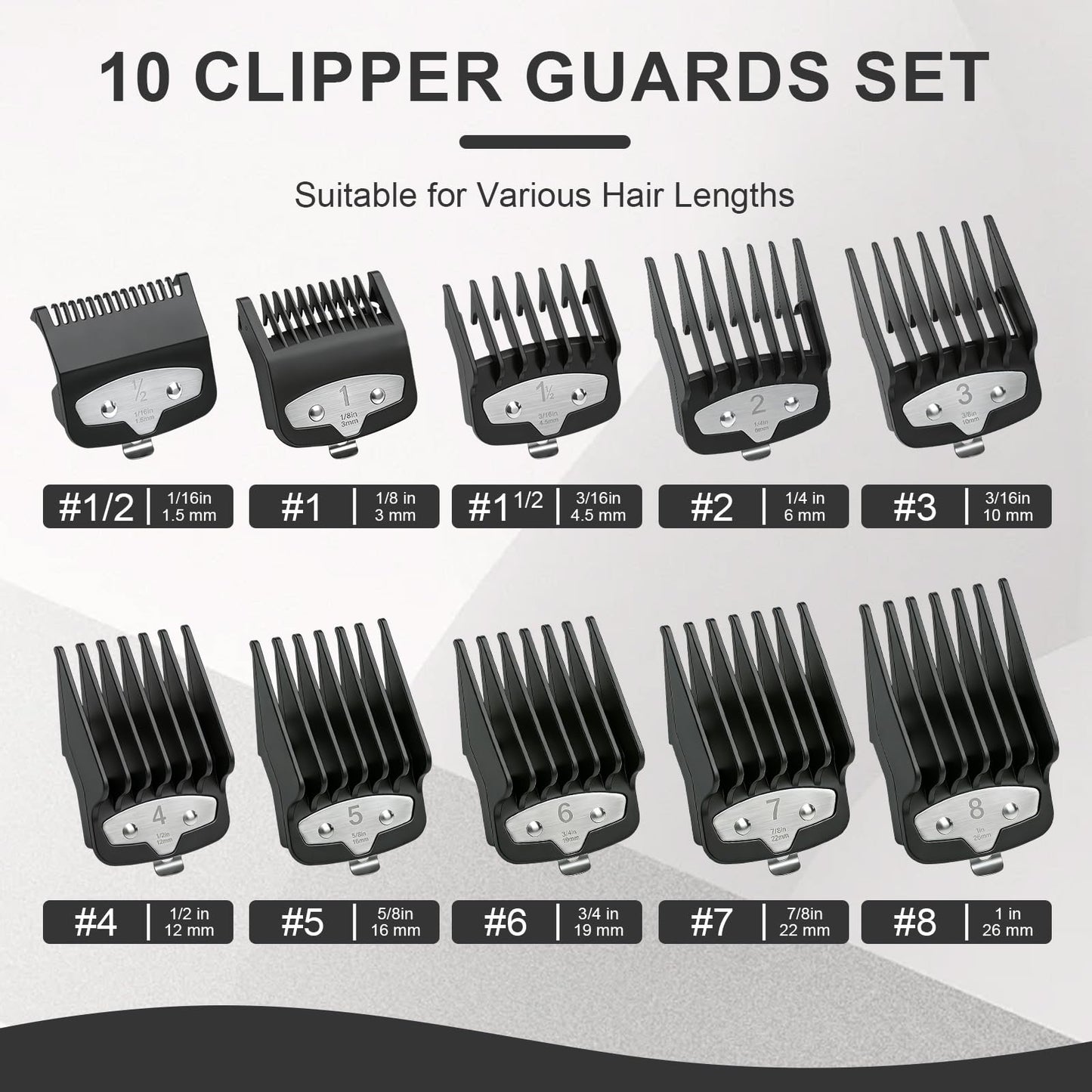 10-Piece Clipper Guard Set, Black Professional Clipper Guard Set Compatible with Most Wahl Clippers (1.5-25mm), Premium Close Cut to 1-Inch,Black