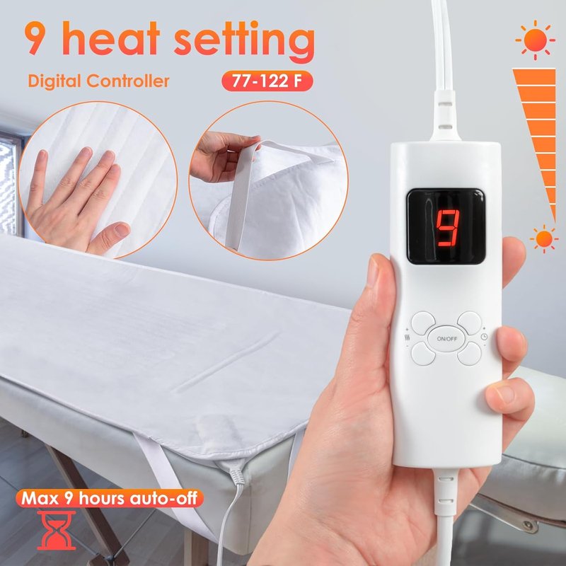 Electric Massage Table Warmer Pad - 9 Heat Settings | Digital Control, Overheat Protection, 72.8" x 30", White