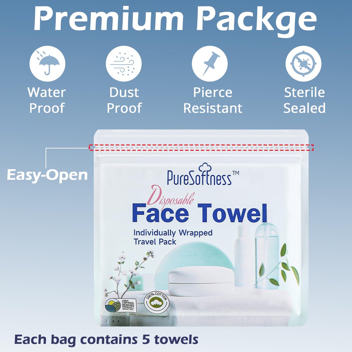 PureSoftness Travel Pack Disposable Face Towel, Individually Packed Each Re-sealable Bag Contains 5 Dry Towels, Makeup Remove and Face Wash, Business Trip, Camping, Fitness, Yoga (20 Pack, 100 Towels)