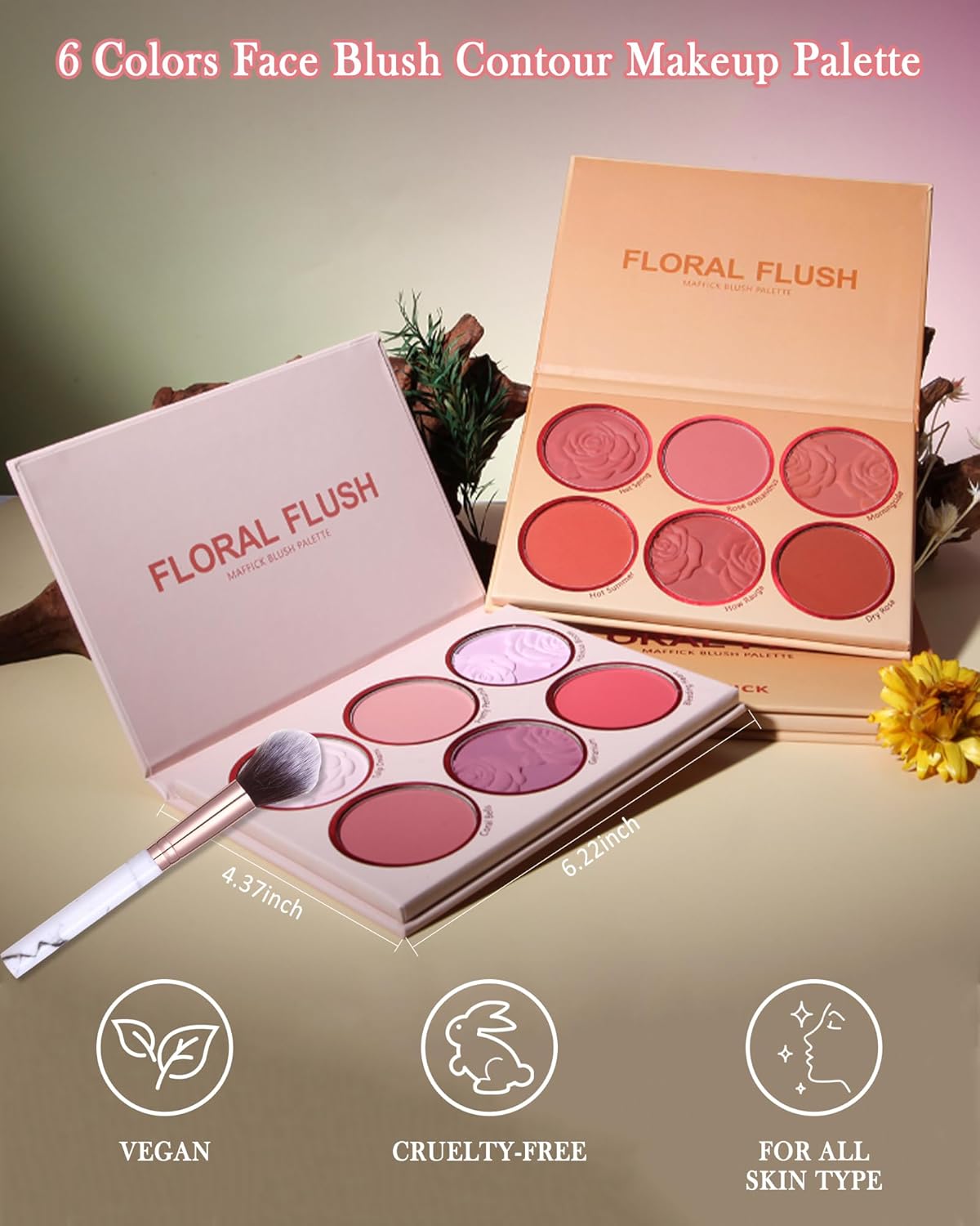 Matte Face Blush Palette - 6 Color High Pigment Mineral Blusher for Cheeks | Long-Lasting Makeup Gift for Women