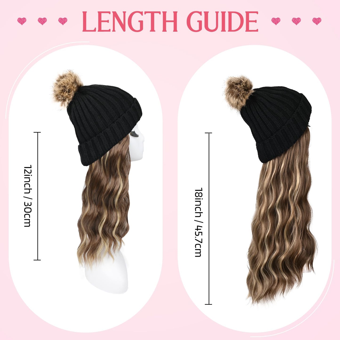 HOOJIH Knitted Beanie Wig, Hat Hair Extension Long Wavy Curly Black Hat Wig with Faux Fur Pom Hat Attached 18 Inch Synthetic Hairpiece for Women Girls Winter - Light Brown with Medium Golden Blonde