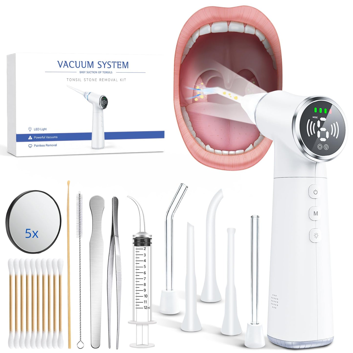 Upgraded Electric Tonsil Stone Remover – High-Precision & Painless Cleaning, Food-Grade Material, 6 Suction Levels | Tonsil Stone Removal Kit with LED Light, Oral Protection & 11 Attachments