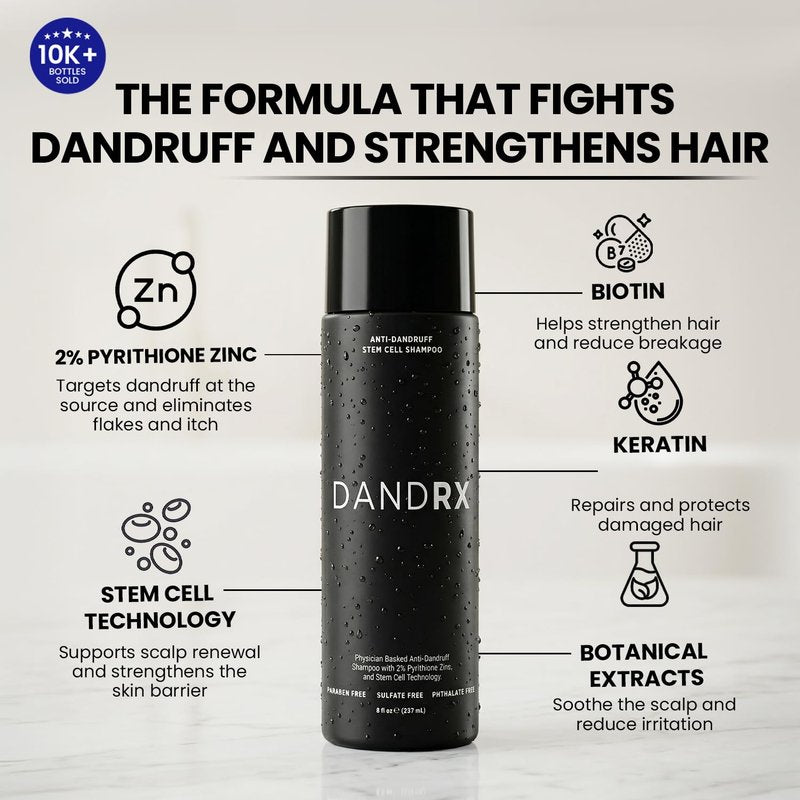 DANDRX Anti-Dandruff Shampoo and Conditioner with 2% Pyrithione Zinc & Stem Cells, Extra Strength for Flaky, Itchy, Oily & Dry Scalp Treatment, Fragrance Free, Color Safe, Sulfate Free
