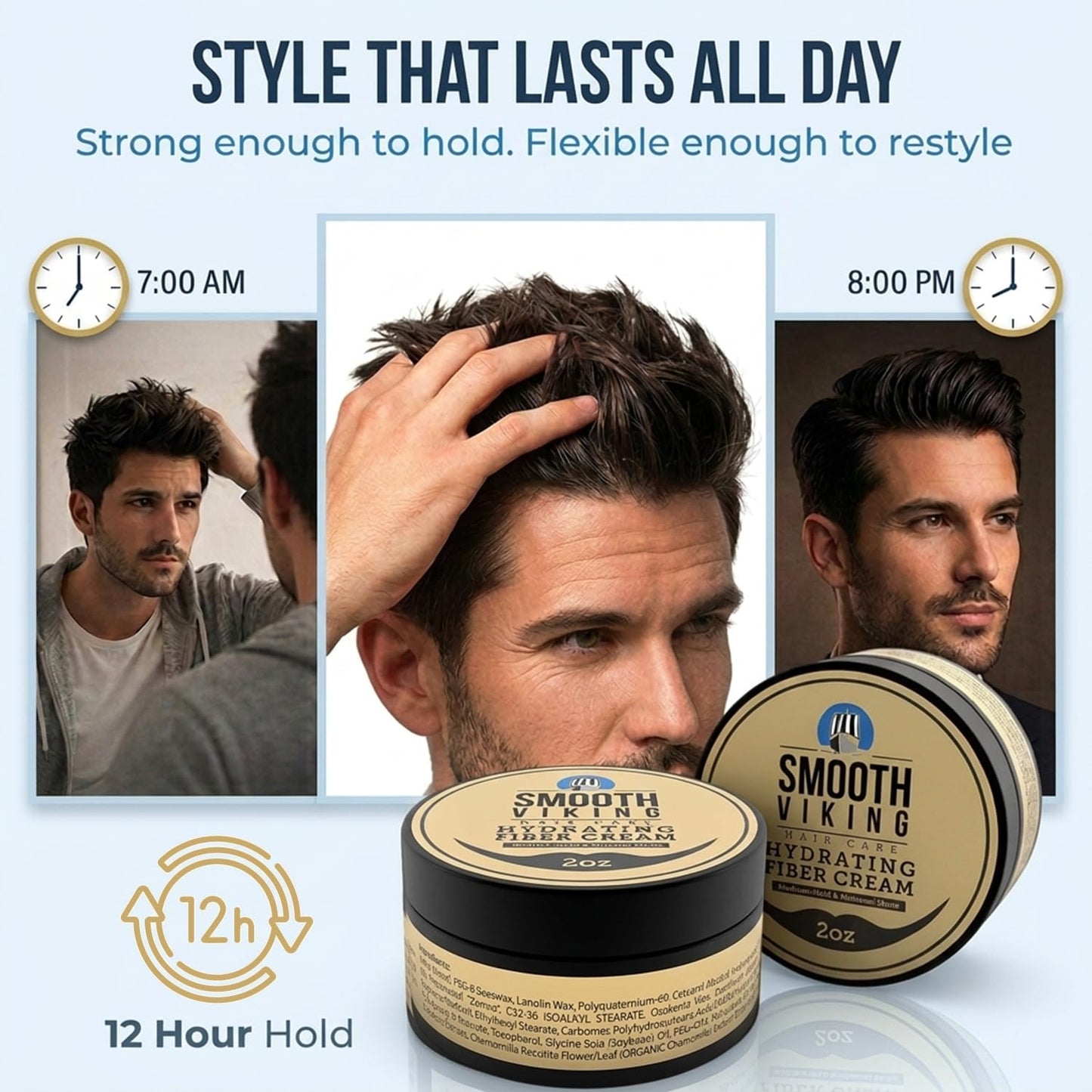 Smooth Viking Hydrating Fiber Cream for Men - Fiber Cream with Medium Hair Hold, Minimal Shine, 2oz - Hair Fibers for Thinning Hair, Flexible Mens Hair Cream for Natural Style