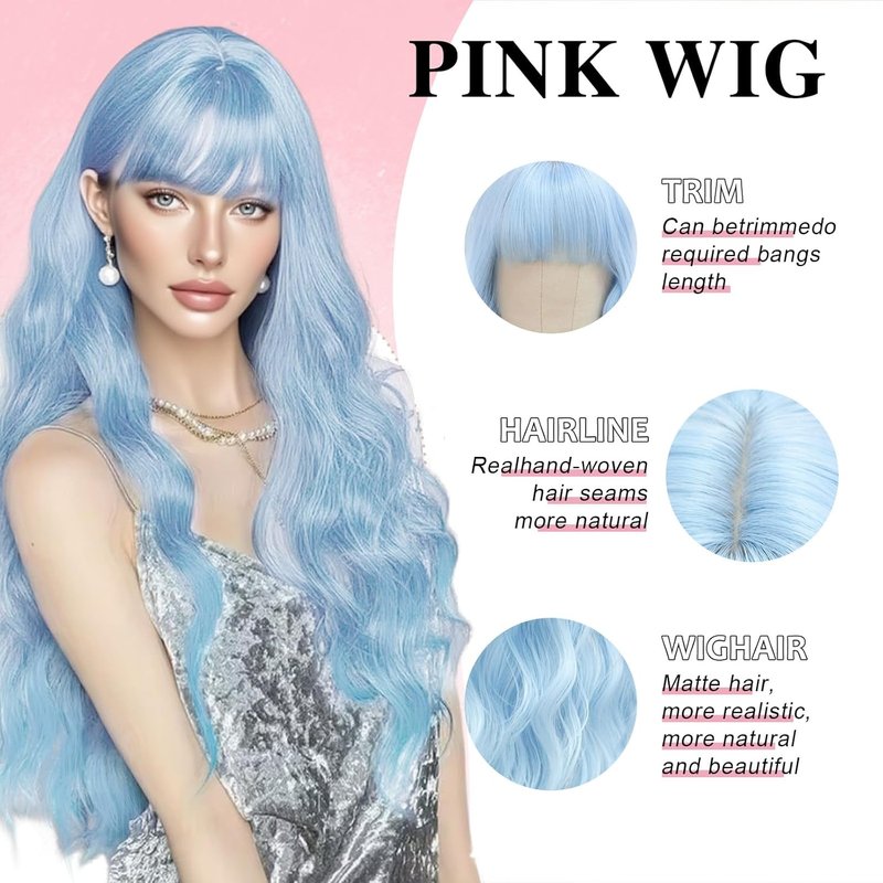 NOSTALGIA Blue Wigs for Women - 26 Inch Long Wavy Synthetic Wig with Bangs | Heat Resistant for Daily Cosplay