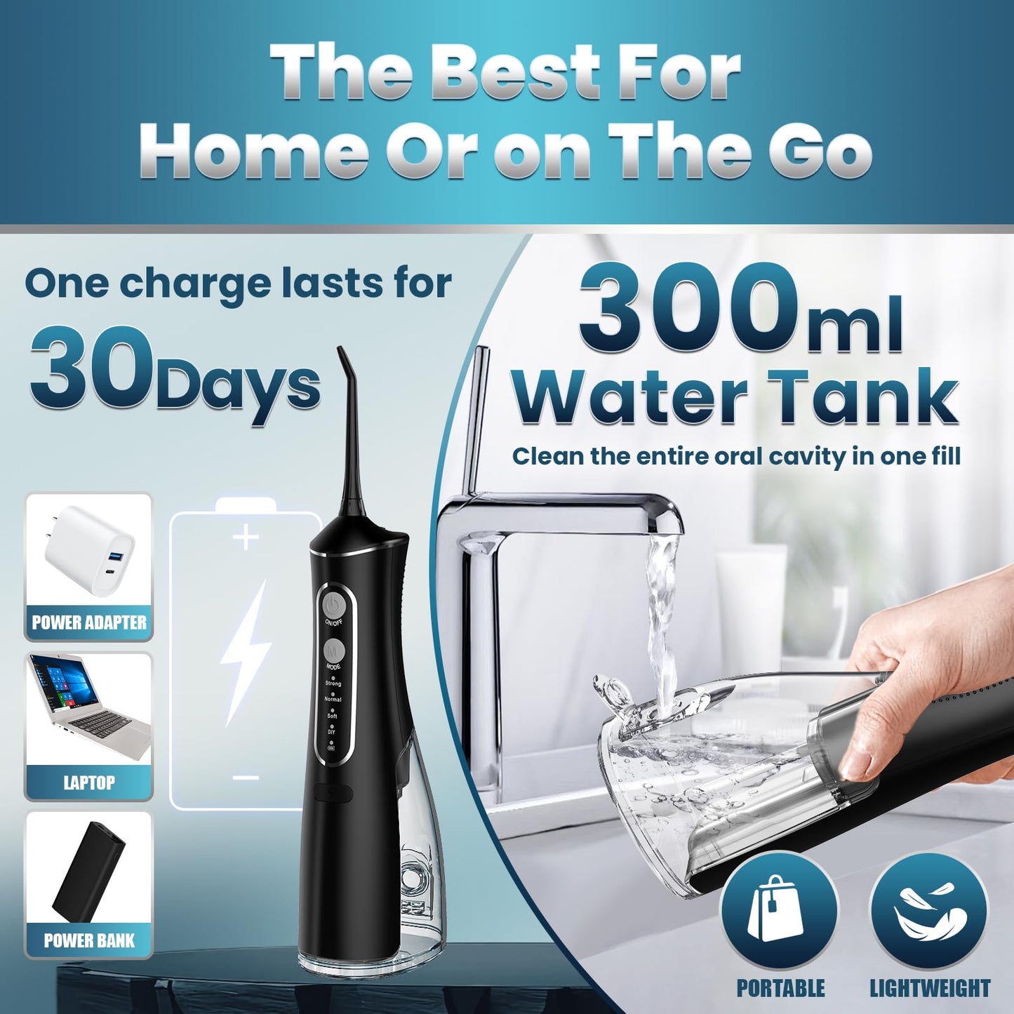 OasiSmile Water Flosser for Teeth Cleaning, 300ML Portable Cordless Oral Irrigator with DIY Strength, 4 Modes, IPX7 Waterproof & 30-Day Battery, 2-Min Smart Timer for Home/Travel Dental Care