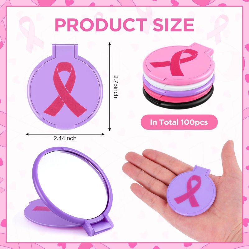 100pcs Breast Cancer Awareness Gifts for Women Pink Ribbon Mini Folding Makeup Mirror Bulk Round Pocket Portable Mirror Breast Cancer Awareness Accessories for Girls Survivor Party Favors Supplies