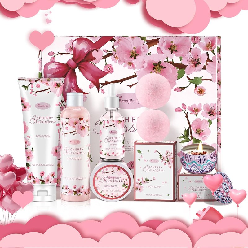 Bath and Body Gift Set for Women - Luxurious Japanese Cherry Blossom Spa Essentials | 7-Piece Set with Shower Gel, Lotion, Bath Oil, Salt, Soap, Bombs & Candle