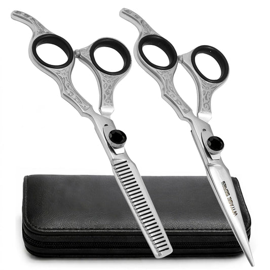 Pro Scissors 6.5" Professional Hair Cutting & Thinning Shears Set Japanese Stainless Steel Barber Scissors for Men & Women Ergonomic Vintage Engraved Design with Protective Case - Silver