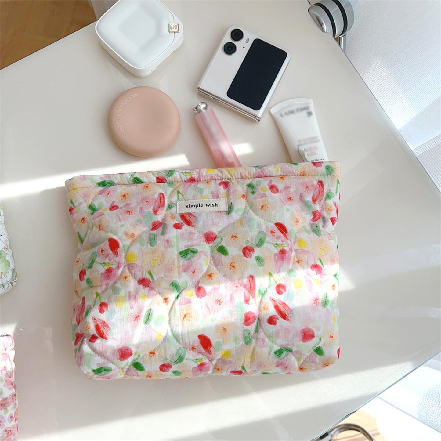 Sminra 2 Pcs Floral Makeup Bag Large Travel Cotton Quilted Cosmetic Makeup Bag Organizer, Cute Coquette Aesthetic Zipper Portable Pouch Purse Storage Toiletry Bag for Women Girls accessories