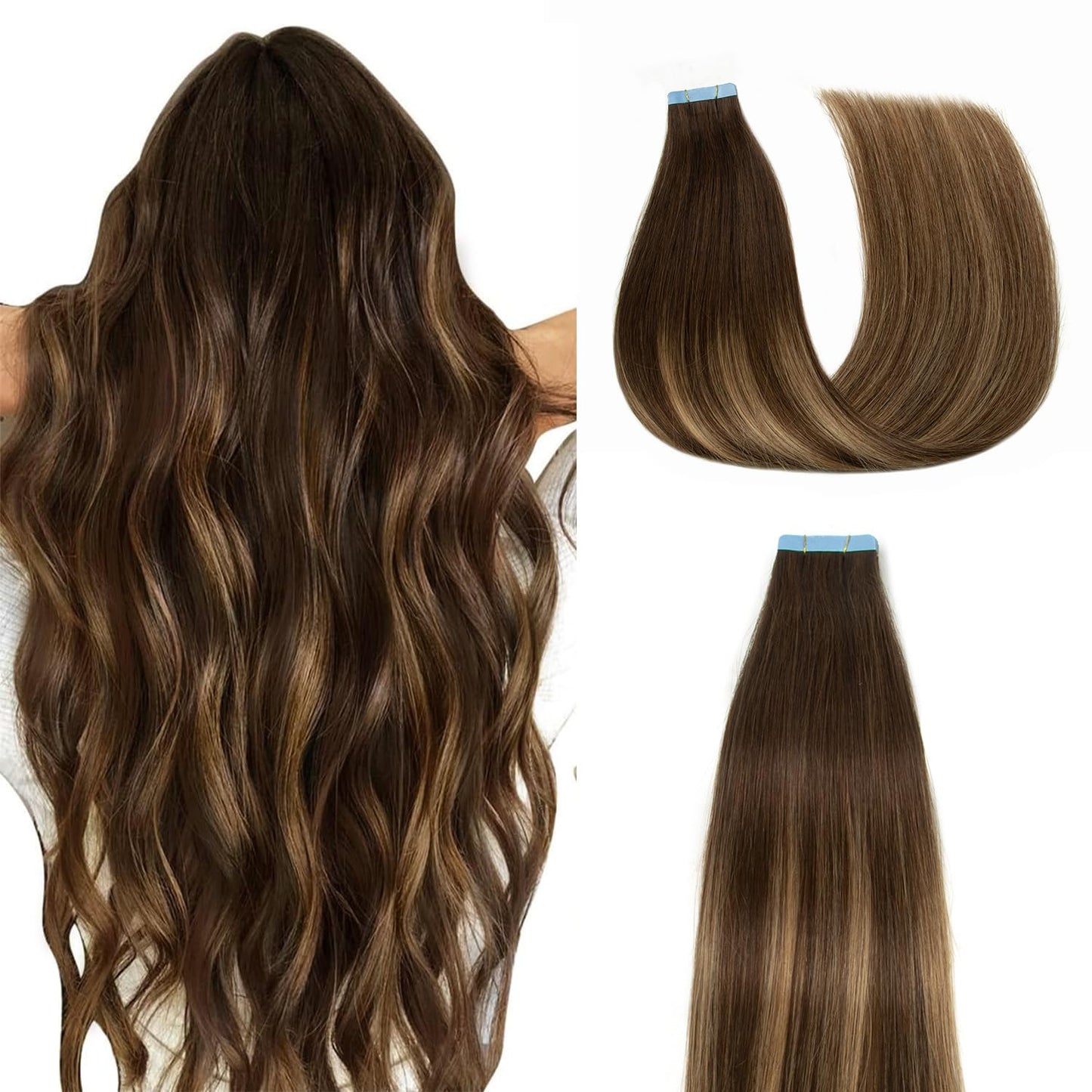 Tape in Hair Extensions Human Hair, 14 Inch 20pcs 40g, Remy Seamless Hair Extensions, Natural Blend for Date Night & Graduation, Can Be Curled & Styled (#T4-P27-4)