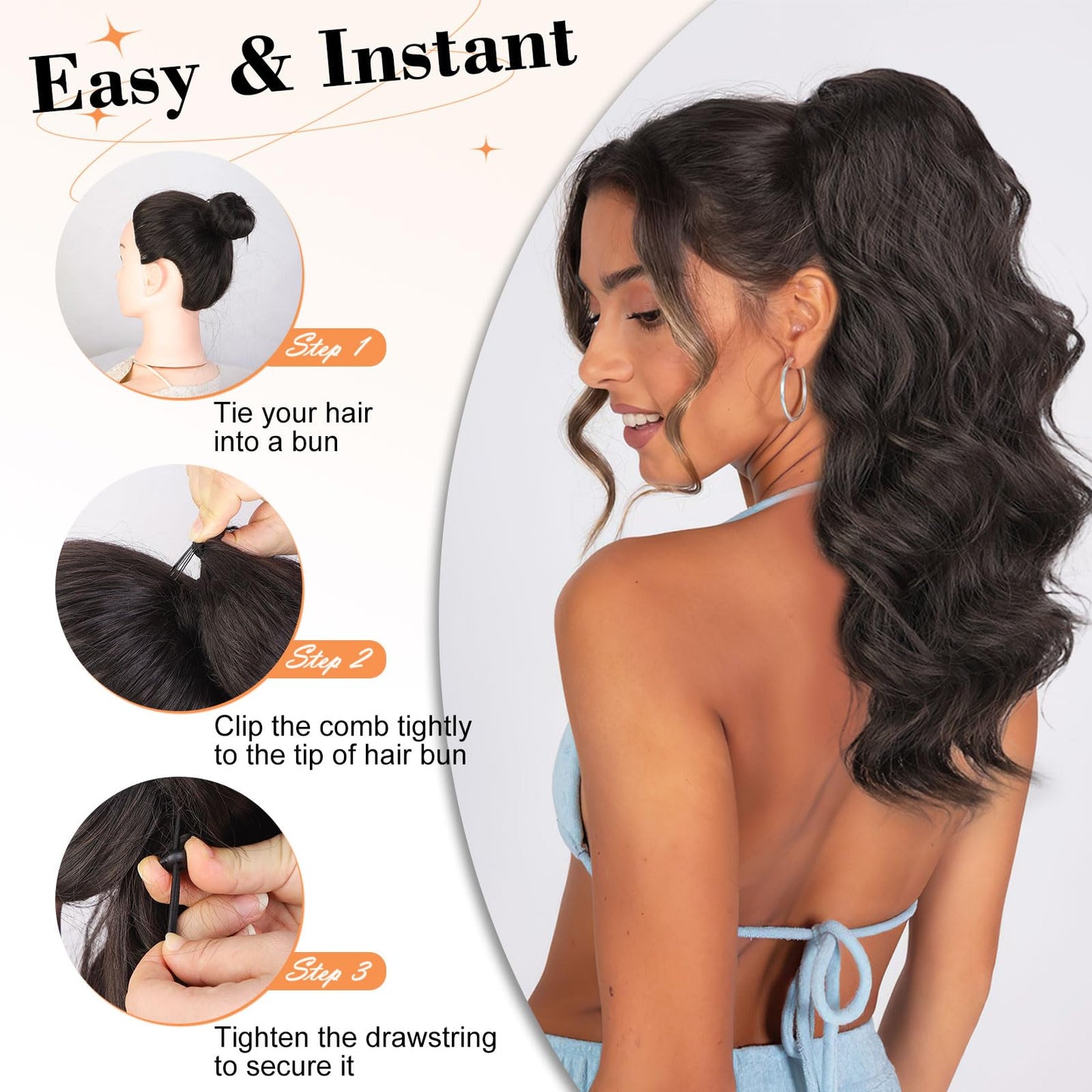 Stamped Glorious Black Ponytail Extension-22 Inch Long Body Wave Pony Tail Hair Extension,Drawstring Ponytail for Women,Synthetic Hair Extension Ponytail(Color:Black)