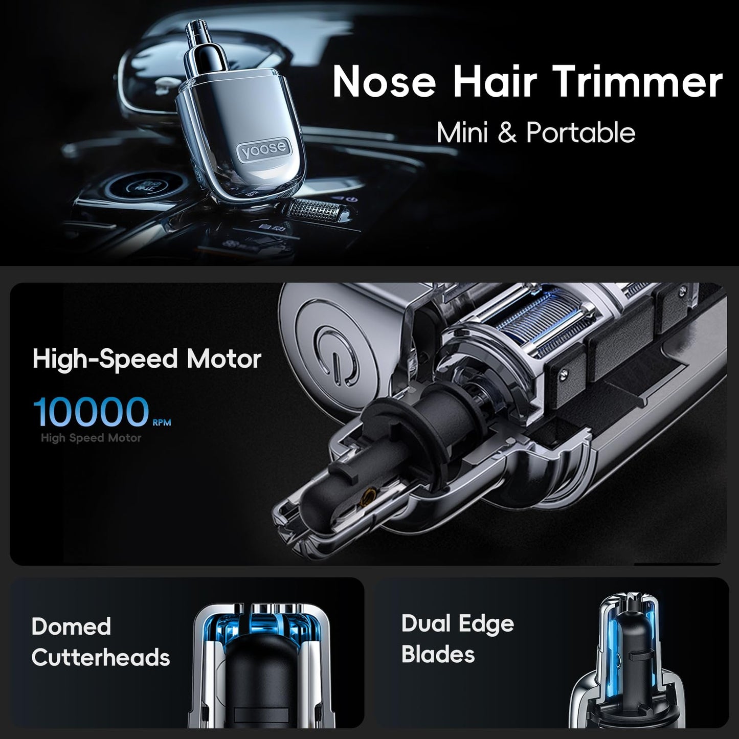 yoose Nose Hair Trimmer for Men and Women, Alloy Unibody, Painless Trimming, IPX7 Waterproof, Washable, USB-C Rechargeable, Long-Lasing, Low Noise, Portable Travel Electric Nose Trimmer, Silver
