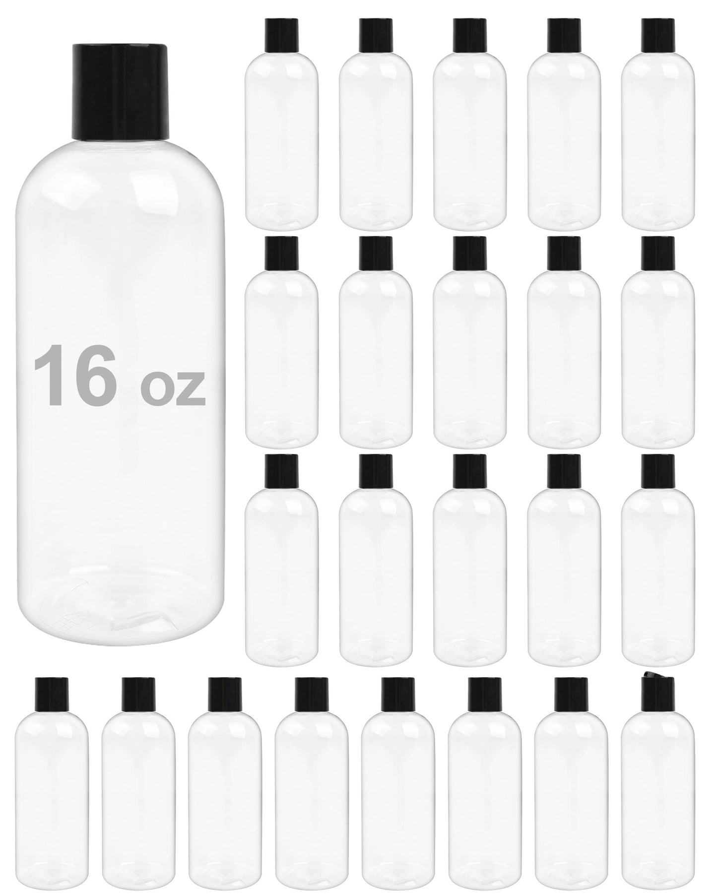Neendohome 16 oz BPA Free Plastic Suqeeze Bottles with Black Disc Caps Refillable Travel Containers for Toiletries Shampoo Conditioner Lotions Liquid Soap Shower Gel (24Pack, Clear)