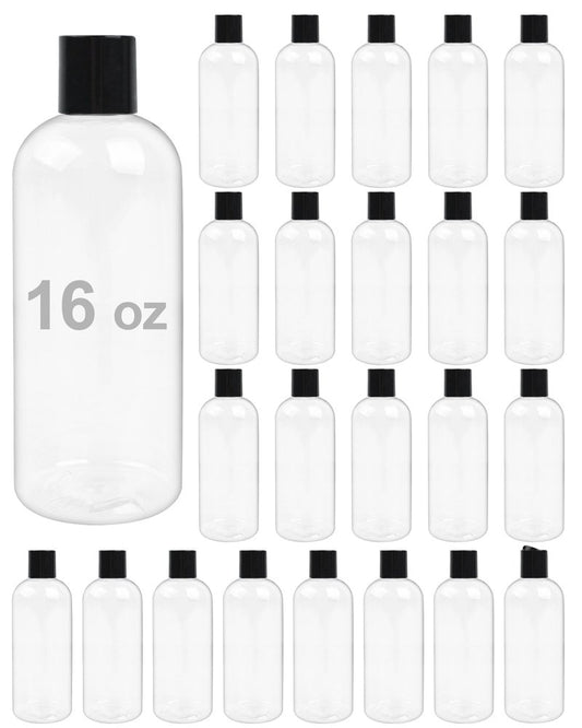 Neendohome 16 oz BPA Free Plastic Suqeeze Bottles with Black Disc Caps Refillable Travel Containers for Toiletries Shampoo Conditioner Lotions Liquid Soap Shower Gel (24Pack, Clear)