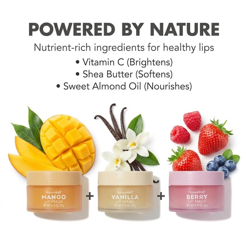 Hydrating Lip Masks Variety Pack - Mango, Vanilla & Berry Scents | Non-Greasy, Softening 0.70 oz (3 Pack)