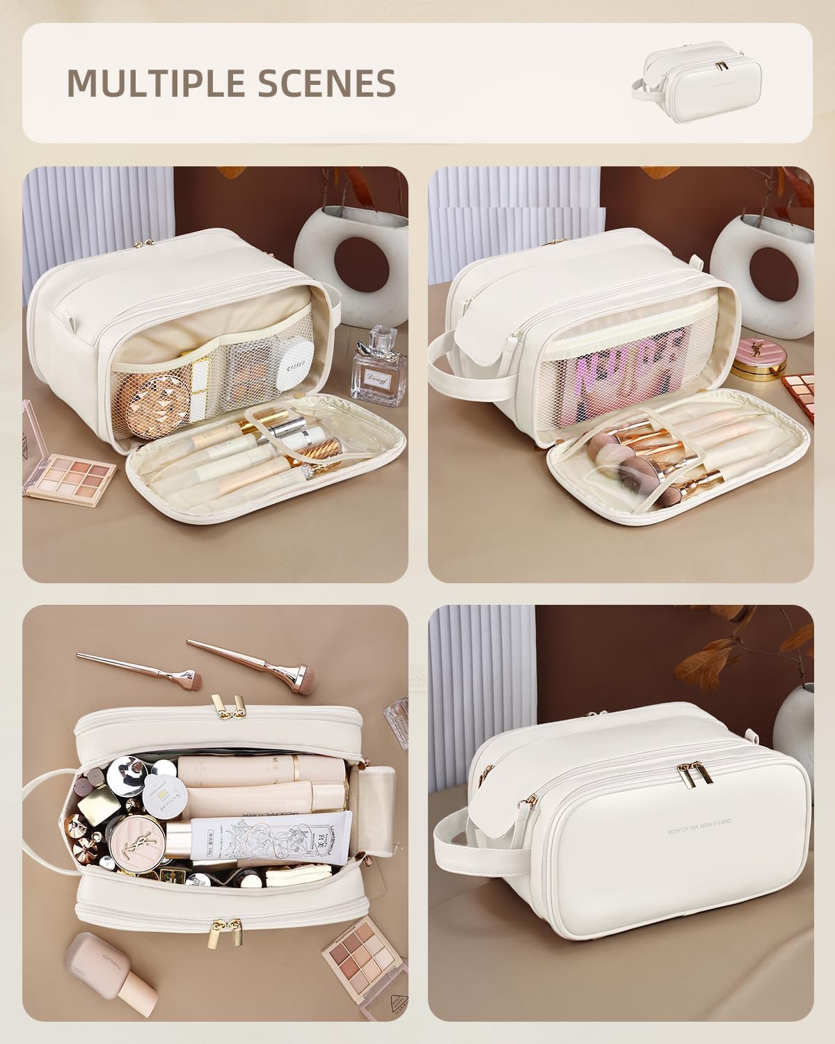 Travel Makeup Bag - Waterproof Cosmetic Organizer with Vertical Brush Holder | Portable Design for Women