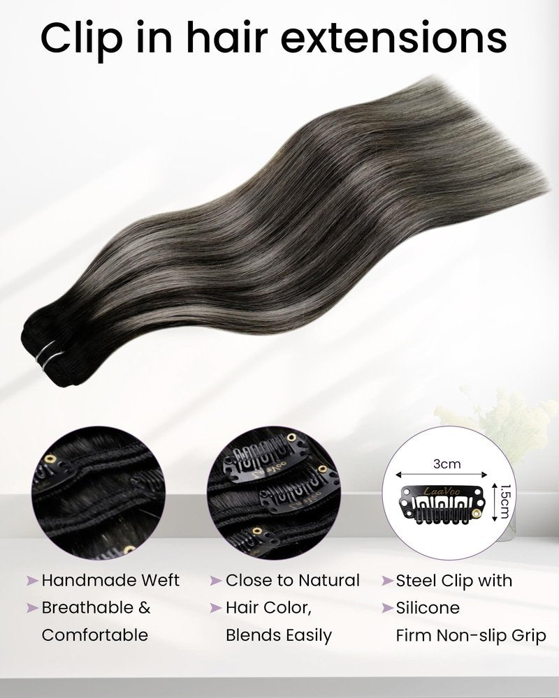 LaaVoo Human Hair Clip in Ombre Off Black to Silver Grey Hair Extensions Clip ins Black Balayage Clip in Hair Extensions Real Human Hair Short Silky Straight 12 Inch 5pcs/80g
