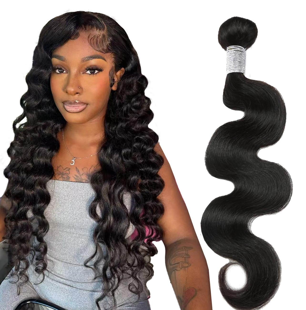 Body Wave Bundles - 24 Inch Natural Black Human Hair, Unprocessed Brazilian, Soft Double Weft Extensions
