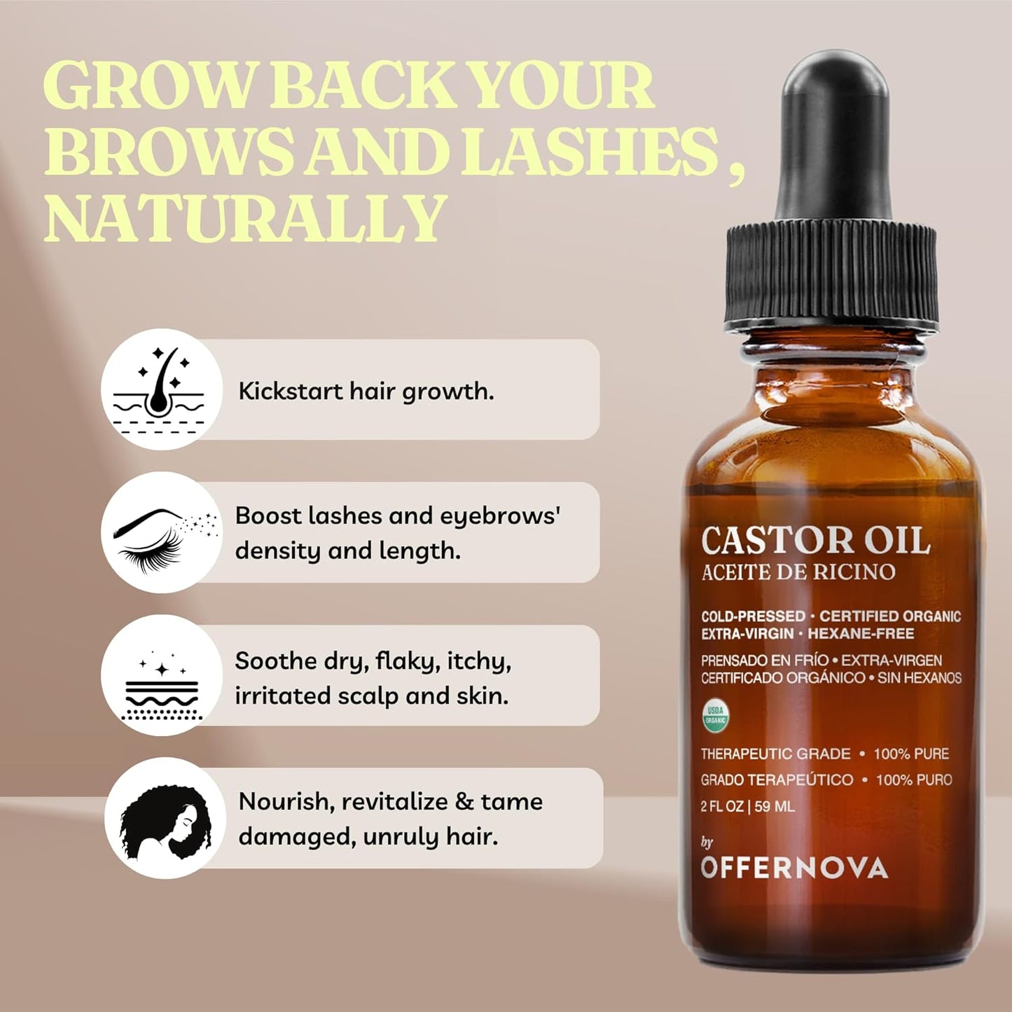Organic Castor Oil - Pure Cold Pressed Eyelash Serum for Hair Growth | Thicker Eyebrows, Hexane Free