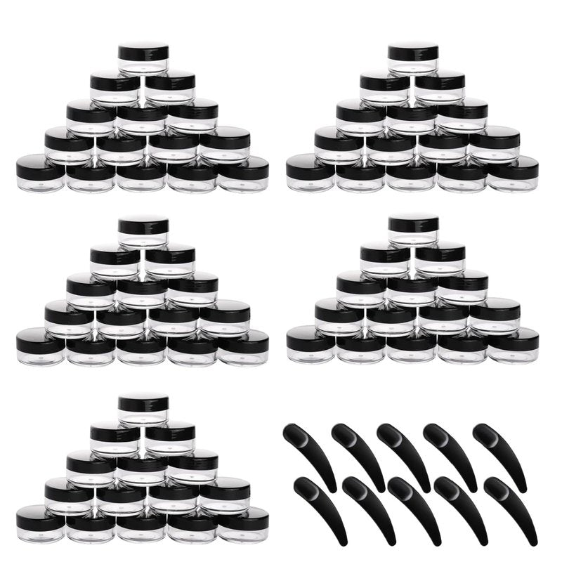 Refillable Cosmetic Sample Jars - 100 Pack 10g Black Travel Containers with Lids & 10 Mini Spatulas