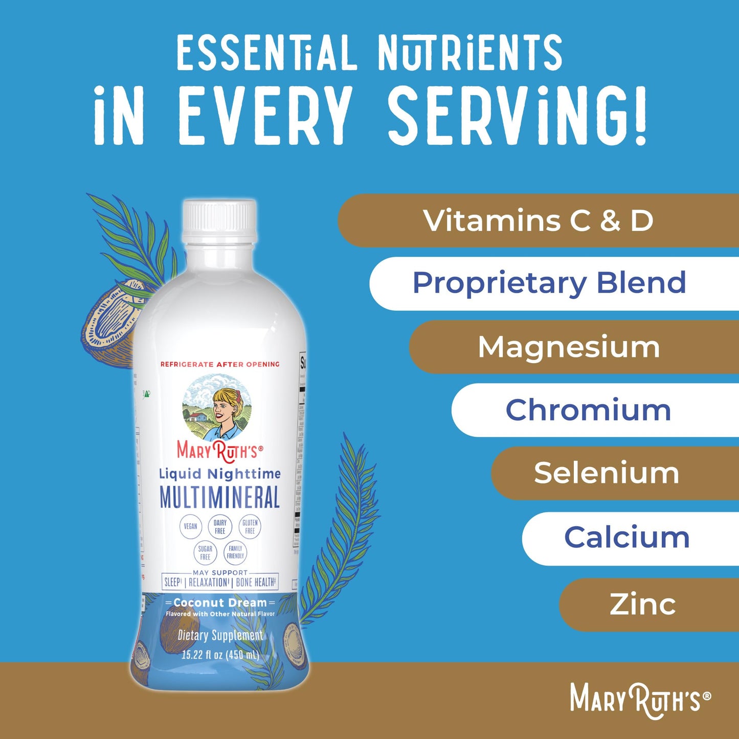MaryRuth's Liquid Nighttime Multimineral (Coconut, 15oz) & Hair Growth Max Liposomal (Almond Cookie) | Clean Label Project Verified® | Sugar-Free, Vegan | Bedtime Routine, Beauty, Hair & Skin Support