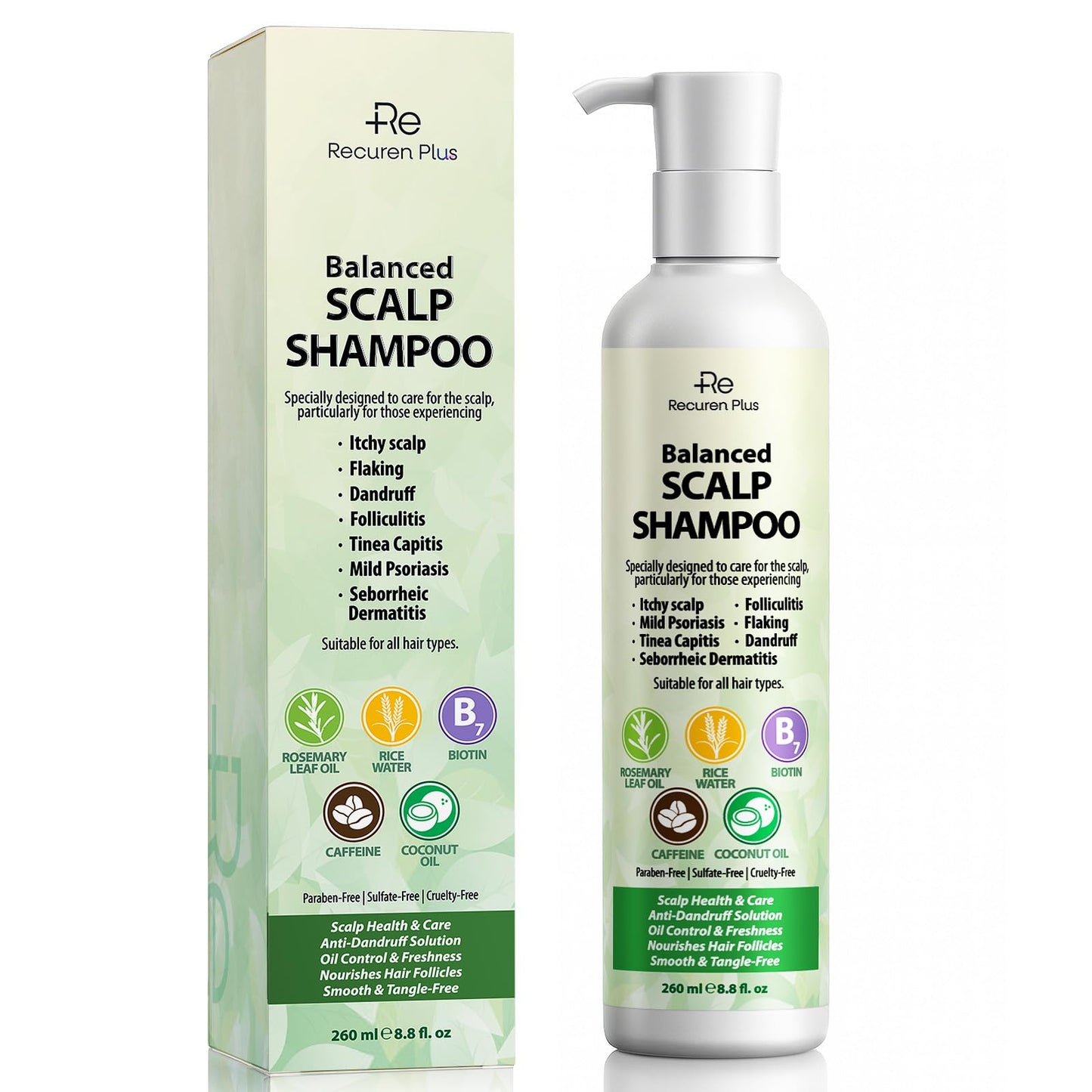 Recuren Plus Shampoo for Folliculitis and Psoriasis: Seborrheic Dermatitis, Dandruff and Itchy Scalp Relief with Salicylic Acid, Piroctone Olamine, Rosemary & Coconut Oil
