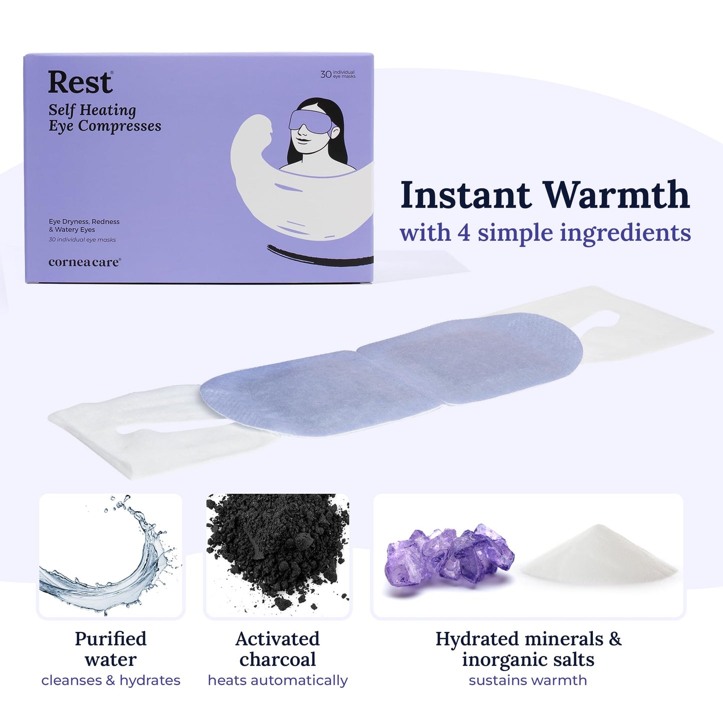 CorneaCare Rest: Self Heating Warm Compress for Dry Eyes | Heated Eye Mask for Fast Relief | Steam Mask for Stye Treatment | No Microwave or Washcloth Needed | Travel Ready Warm Compress | 30 Count