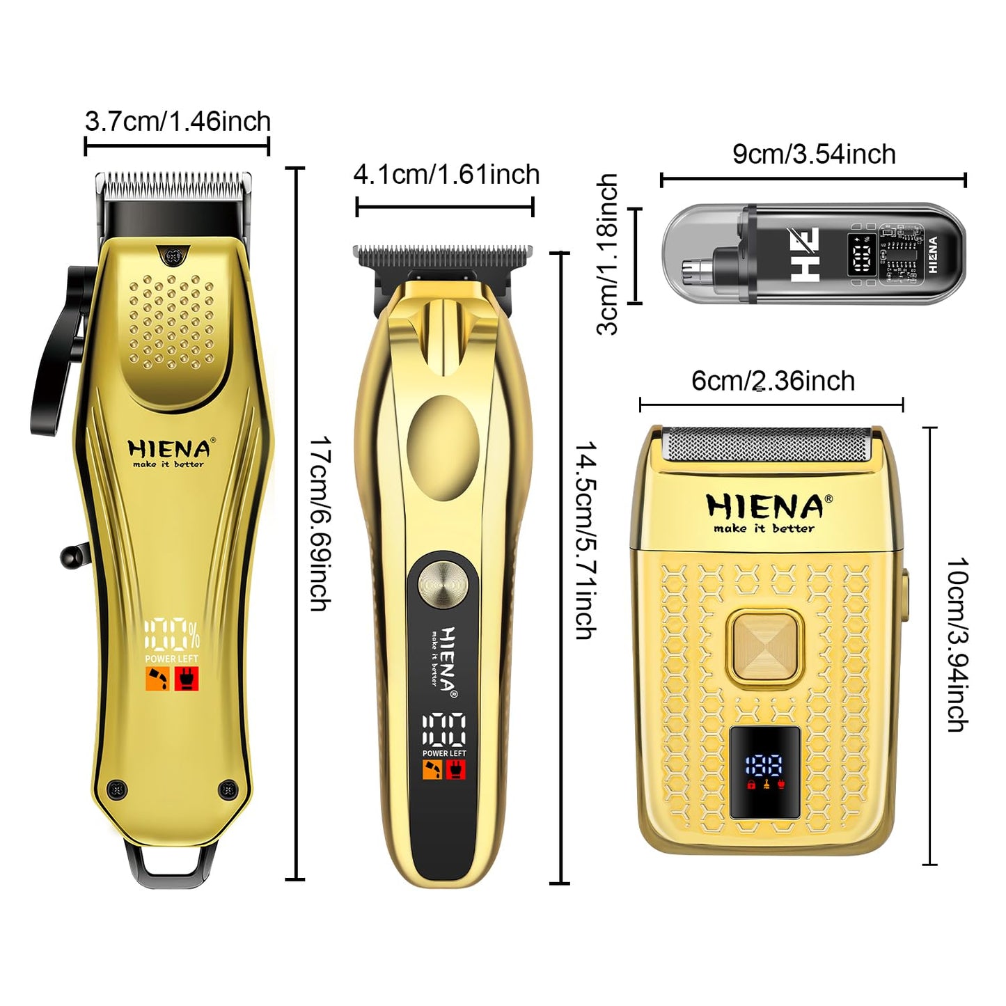 HIENA PRO Hair Clippers for Men Professional, Cordless Barber Clipper & T-Blade Beard/Hair Trimmer Set, Electric Razor Foil Shaver Nose Trimmer Barber Kit, Men's Hair Cutting Kit (Gold)