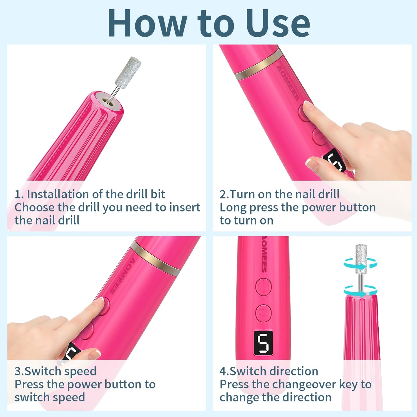 AOMEES Portable Electric Nail File, Cordless Nail Drill with Light for Acrylic, Gel Nails, 12 in 1 Personal Polish Manicure Tools with Nail Drill Bits for Salon Home Use (Lavender)