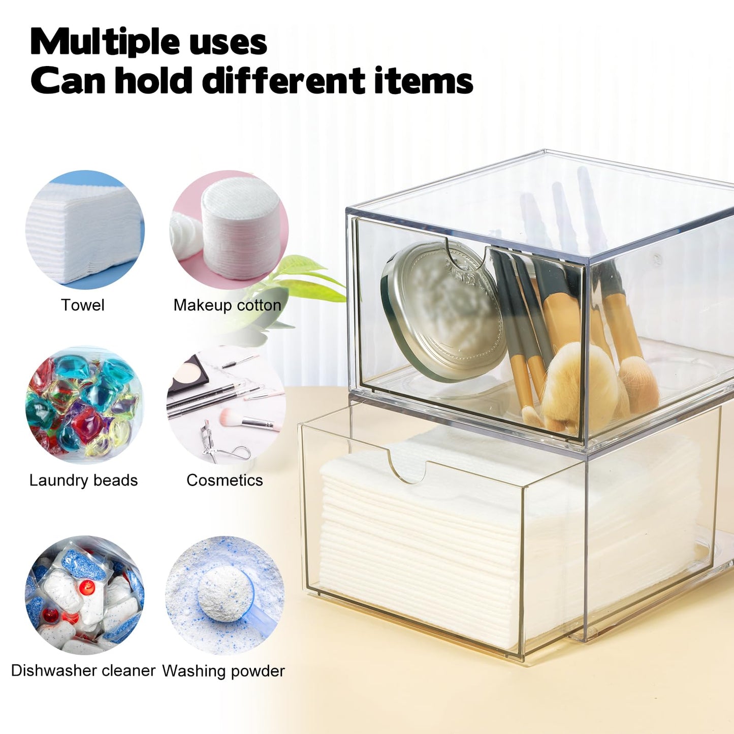 Rainmae 2 Pack Disposable Face Towel Holder, Face Towel Storage Box, Stackable Clear Makeup Organizer with Drawer for Clean Skin Club Face XL Towels Holder for Vanity Bathroom and Makeup Organization