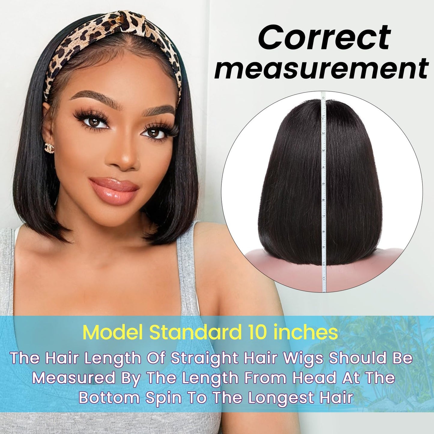 AISI Headband Wigs Human Hair Bob Headband Wig for Black Women with Leopard Print Headband Easy Put On and Go Glueless Wig Straight Wigs Machine Made 180% Density No Lace Wig Natural Color (10 Inch)