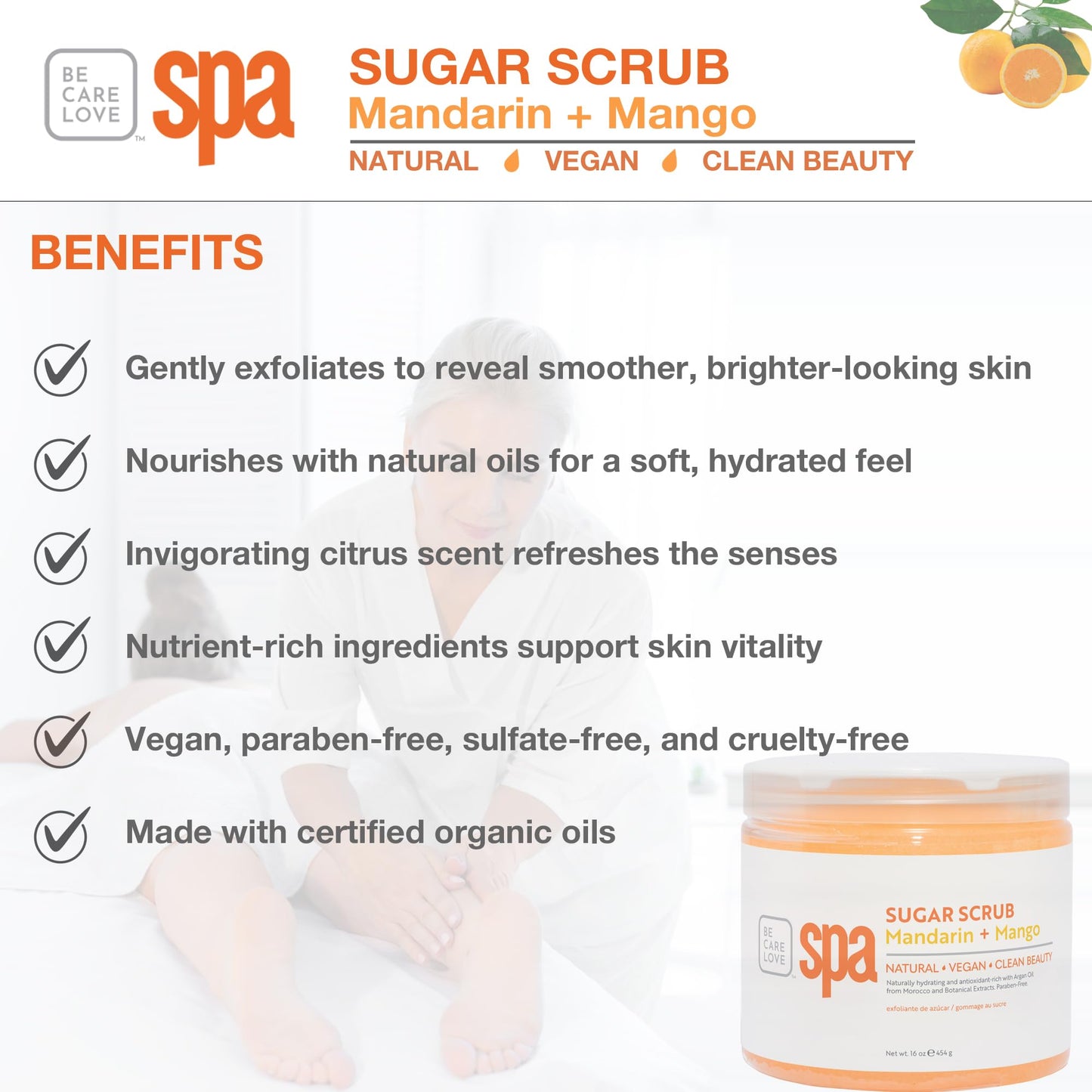 BCL Spa Sugar Scrub, Mandarin Mango For Hands, Feet and Body, 16 oz