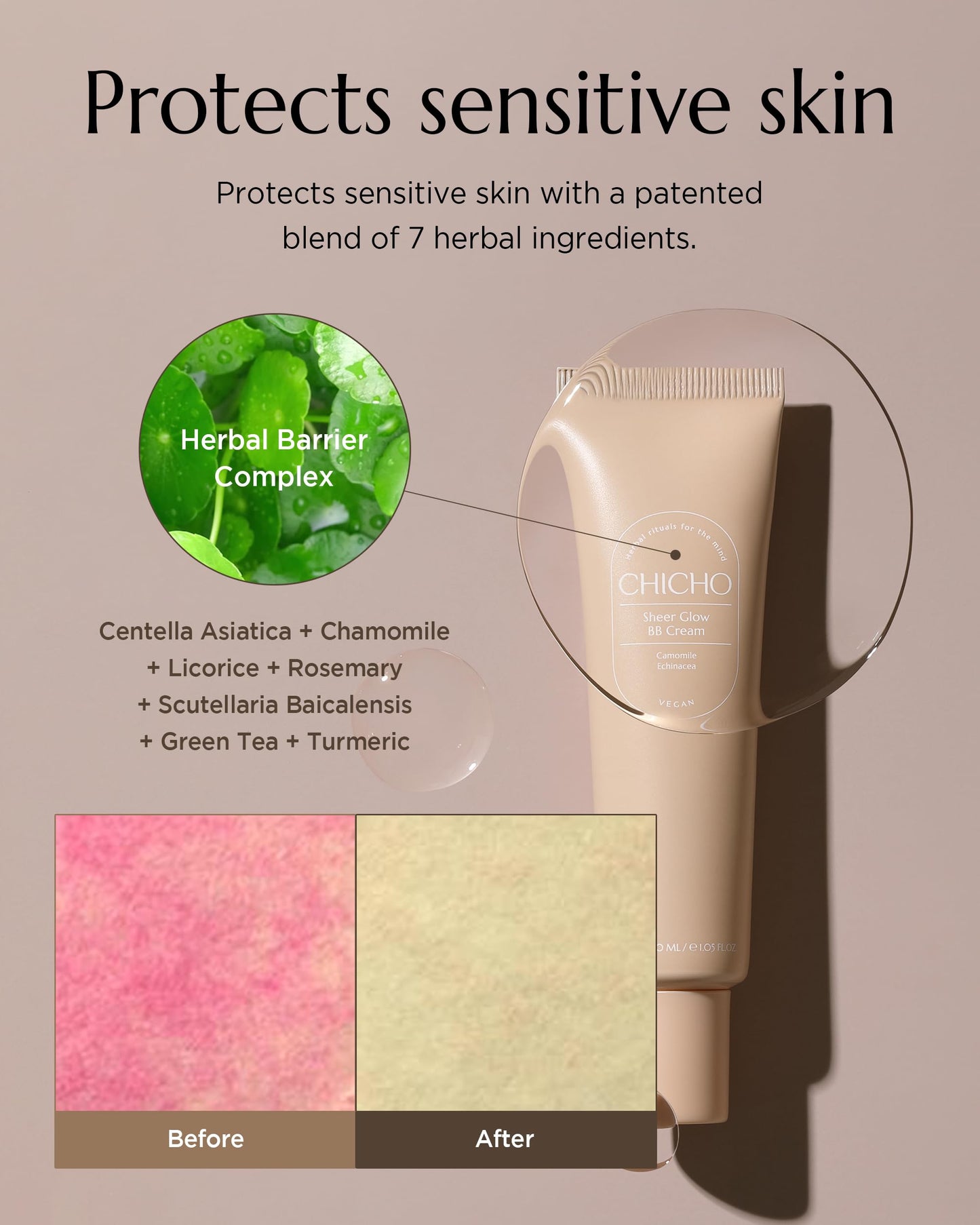 CHICHO Sheer Glow BB Cream 93% Herbal Base Chamomile Flower - Korean Makeup Redness Coverage for Acne Prone Sensitive Skin, Vegan, Non-Comedogenic, Pore Concealer, 1.01 fl.oz.