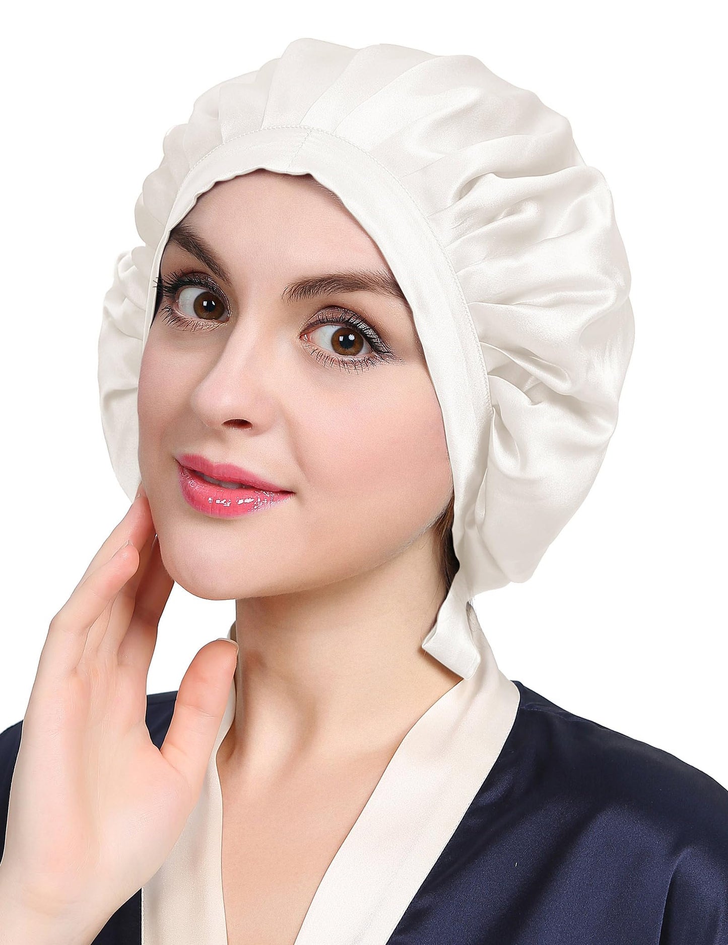 LILYSILK 100% Mulberry Silk Bonnet, 19 Momme Silk Night Sleep Cap Adjustable Hair Wrap for Sleeping, Ivory