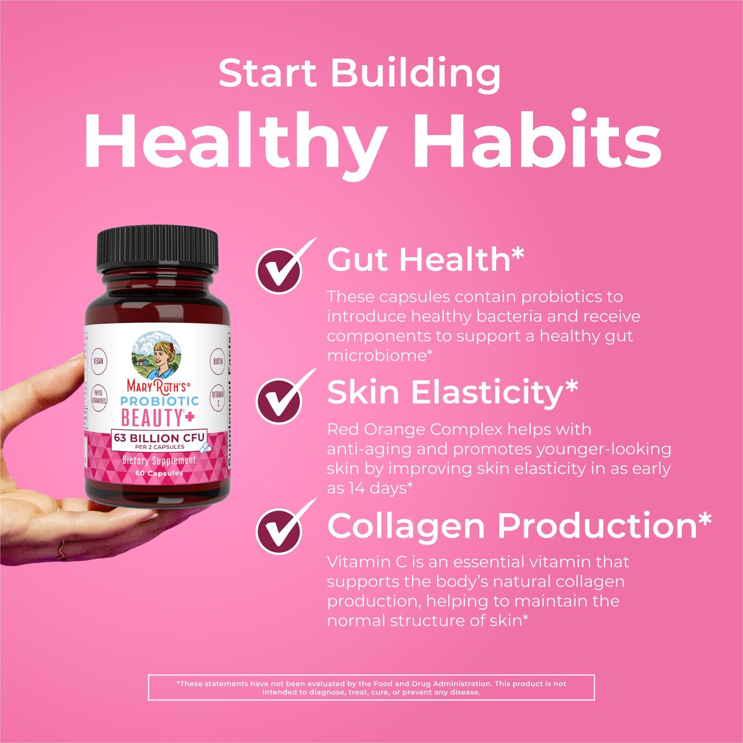 MARYRUTH'S Probiotic Beauty Capsules + Red Orange Complex & Ceramosides | Vegan Collagen Support | Anti Aging | Gut Health | Hair Skin and Nails Vitamins | Skin Care | Biotin | Non-GMO | 60 Count