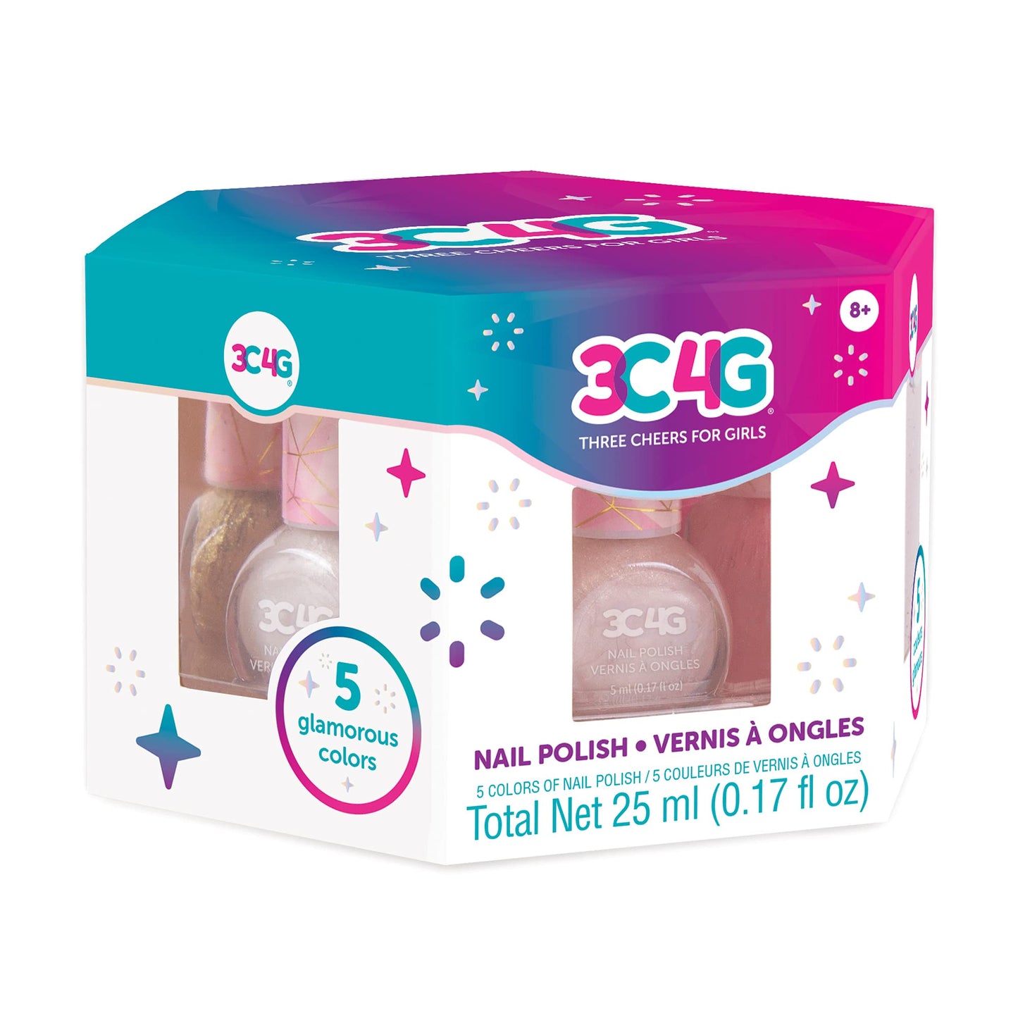 3C4G Pink and Gold Hexagon 5 Pack Nail Polish - Shimmer Nail Polish Set for Girls & Teens - Includes 5 Colors - Non-Toxic Nail Polish Kit for Kids - Ages 8+ by Make It Real
