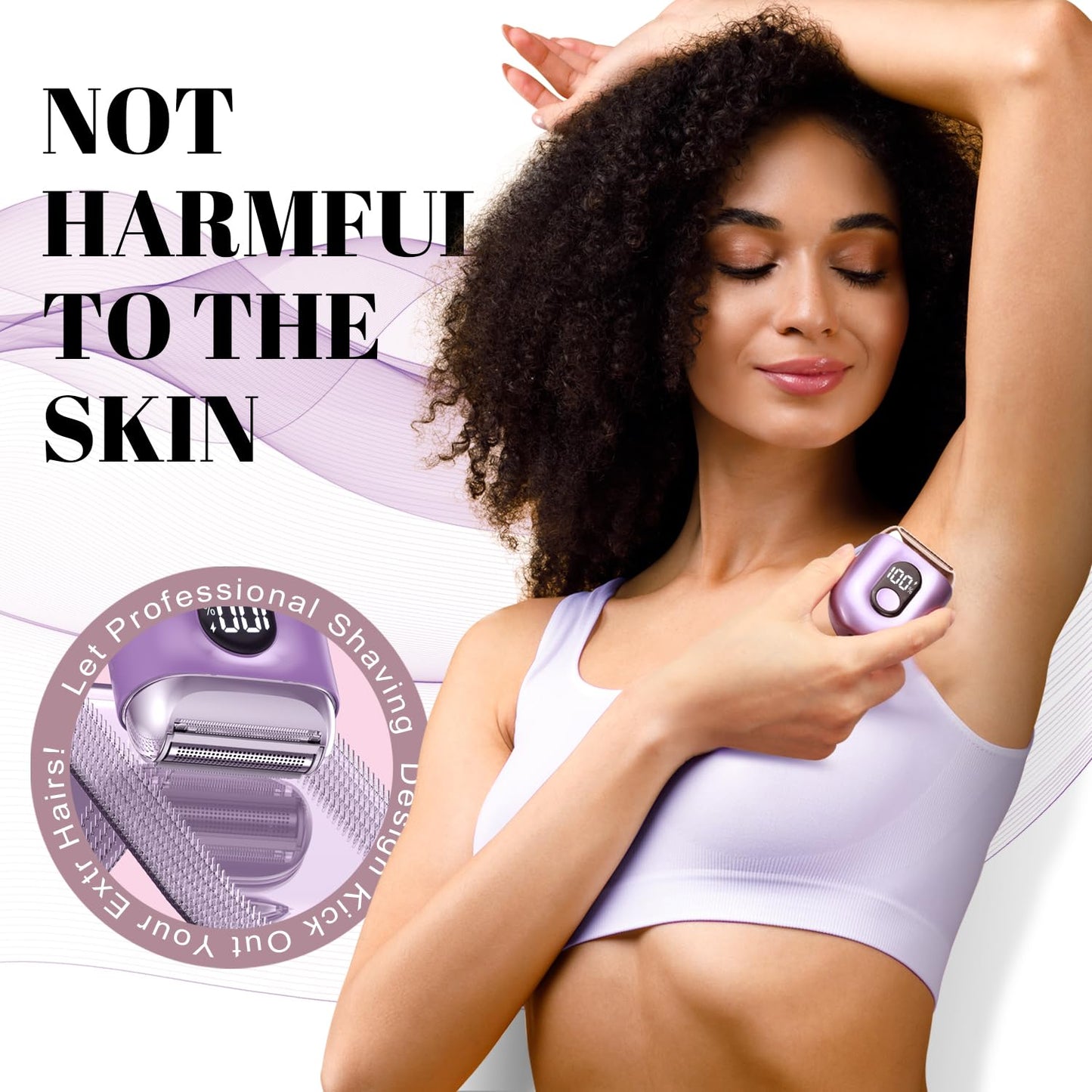 Fangaci Cordless Electric Razors for Women: Mini Electric Shaver with Big LED Display - Rechargeable Bikini Trimmer - IPX7 Waterproof Wet Dry for Face, Body & Legs (Birght Purle)
