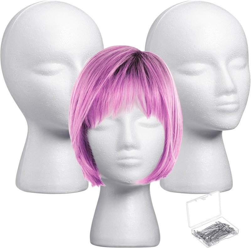 3 Pcs Foam Wig Head Set - 50 T Pins for Mannequin Display | 11 Inch Foam Stand for Hairpieces, Hats, and Cosmetics