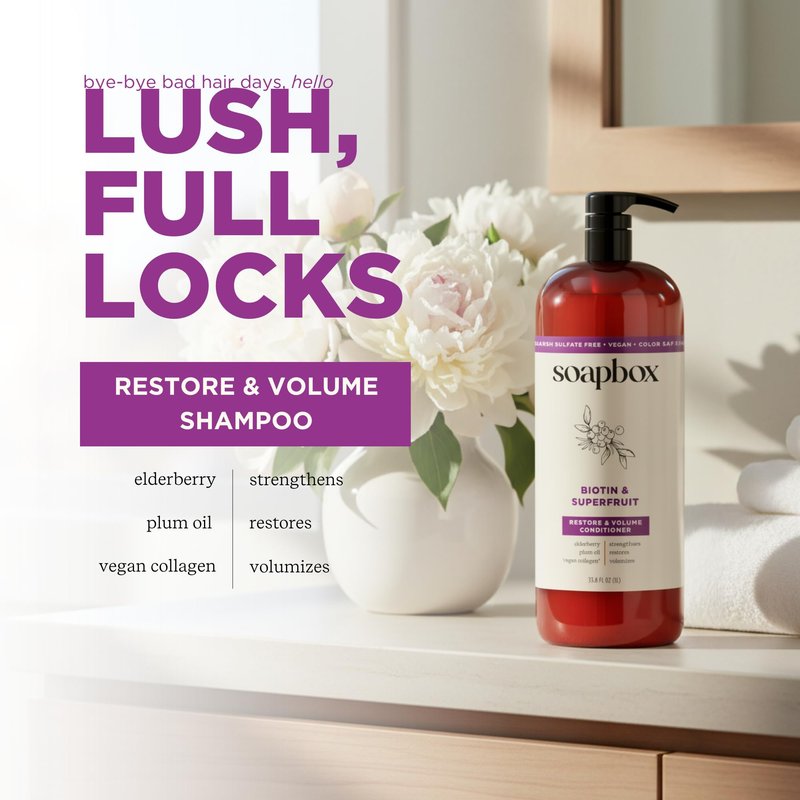 Soapbox Biotin & Super Fruit Shampoo & Conditioner Set, Leaves Hair Volumized & Strengthened - Clean Ingredients Free of Harsh Chemicals, Sulfates, Parabens & Silicones - 1 Liter Each