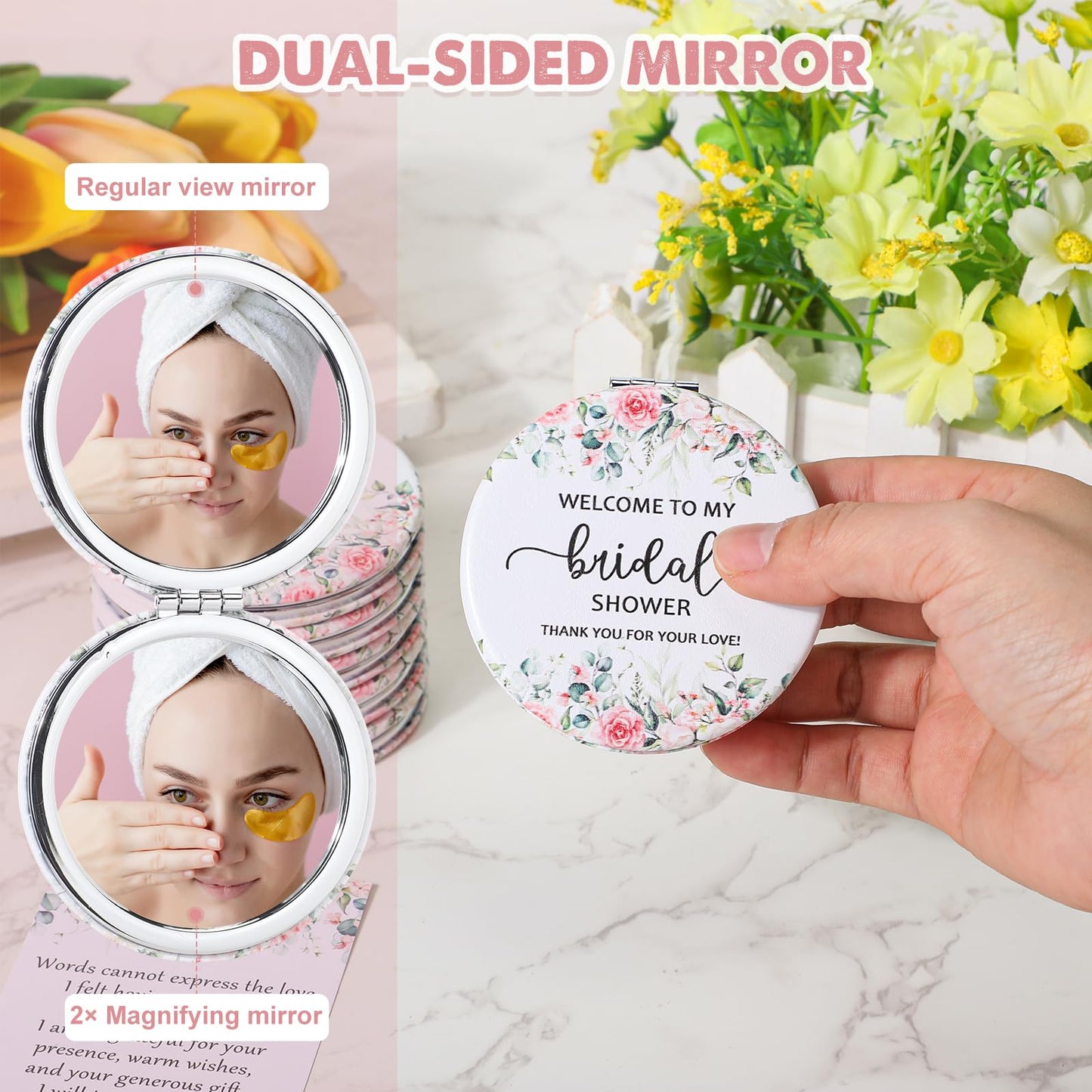 XunYee 24 Sets Bridal Shower Favors for Guests Flower Design Makeup Mirrors Leather Compact Mirrors Bridal Thank You Cards with Organza Bags Bridesmaid Gifts Wedding Party Favors Supplies (Pink)
