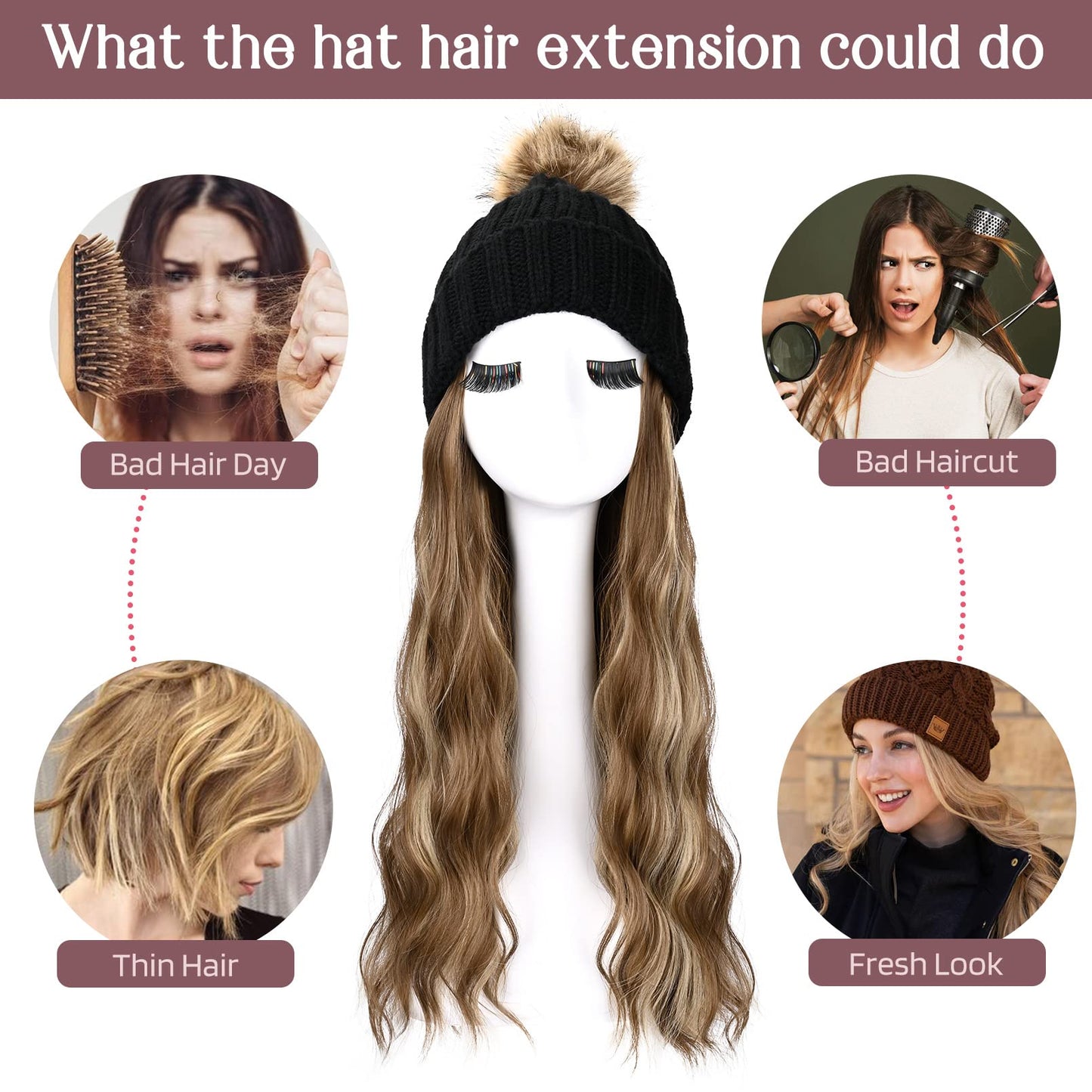 HOOJIH Knitted Beanie Wig, Hat Hair Extension Long Wavy Curly Black Hat Wig with Faux Fur Pom Hat Attached 18 Inch Synthetic Hairpiece for Women Girls Winter - Light Brown with Medium Golden Blonde