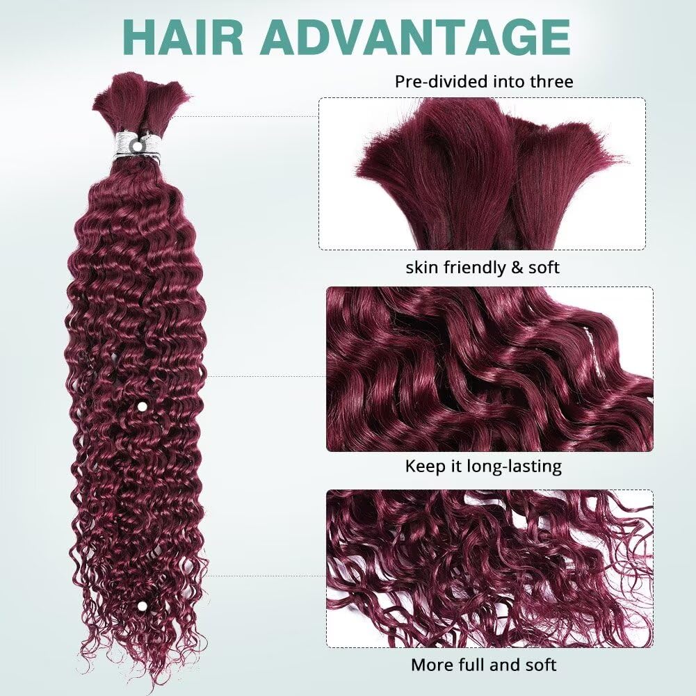 Human Braiding Hair 100g 16 Inch Deep Wave Bulk Human Hair for Braiding 2 Bundles/Pack No Weft Brazilian Virgin Deep Curly Human Hair Extensions Color 99J Burgundy Braiding Hair for Micro Braids