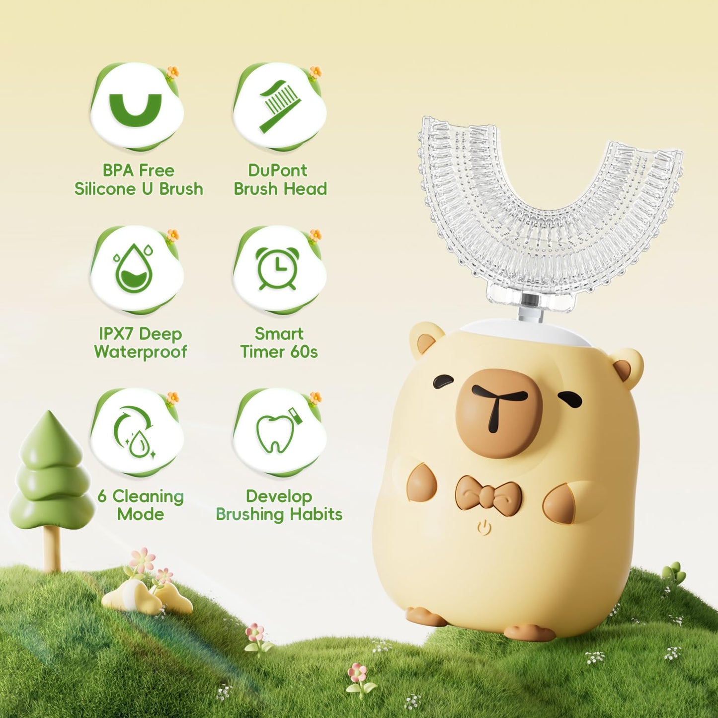 ELOTAME Kids Electric Toothbrush U Shaped - Cartoon Capybara with 6 Brush Heads Full Mouth Degree Cleaning Sonic Toddler Automatic Toothbrush with IPX7 Waterproof (Yellow 2-14 Years)