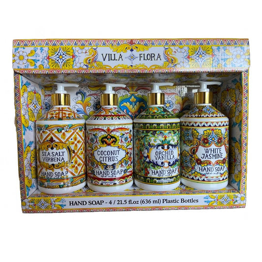 Home and Body Company Hand Soap Villa Flora Collection 16 FL/473ml Bottles infused with Essential Oils (SET OF 4) Sea Salt Verbena, Coconut Citrus, Orchid Vanilla, and White Jasmine
