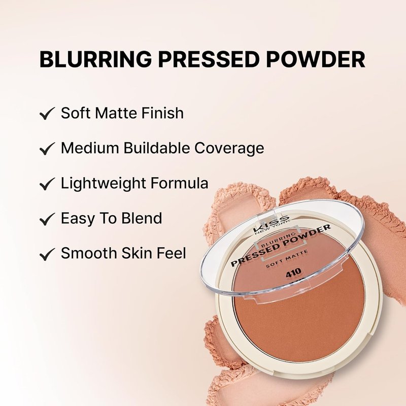 Kiss New York Soft Matte Pressed Powder | Blurring Poreless Makeup with Dual-Ended Brush Set - Deep Honey, Medium Coverage