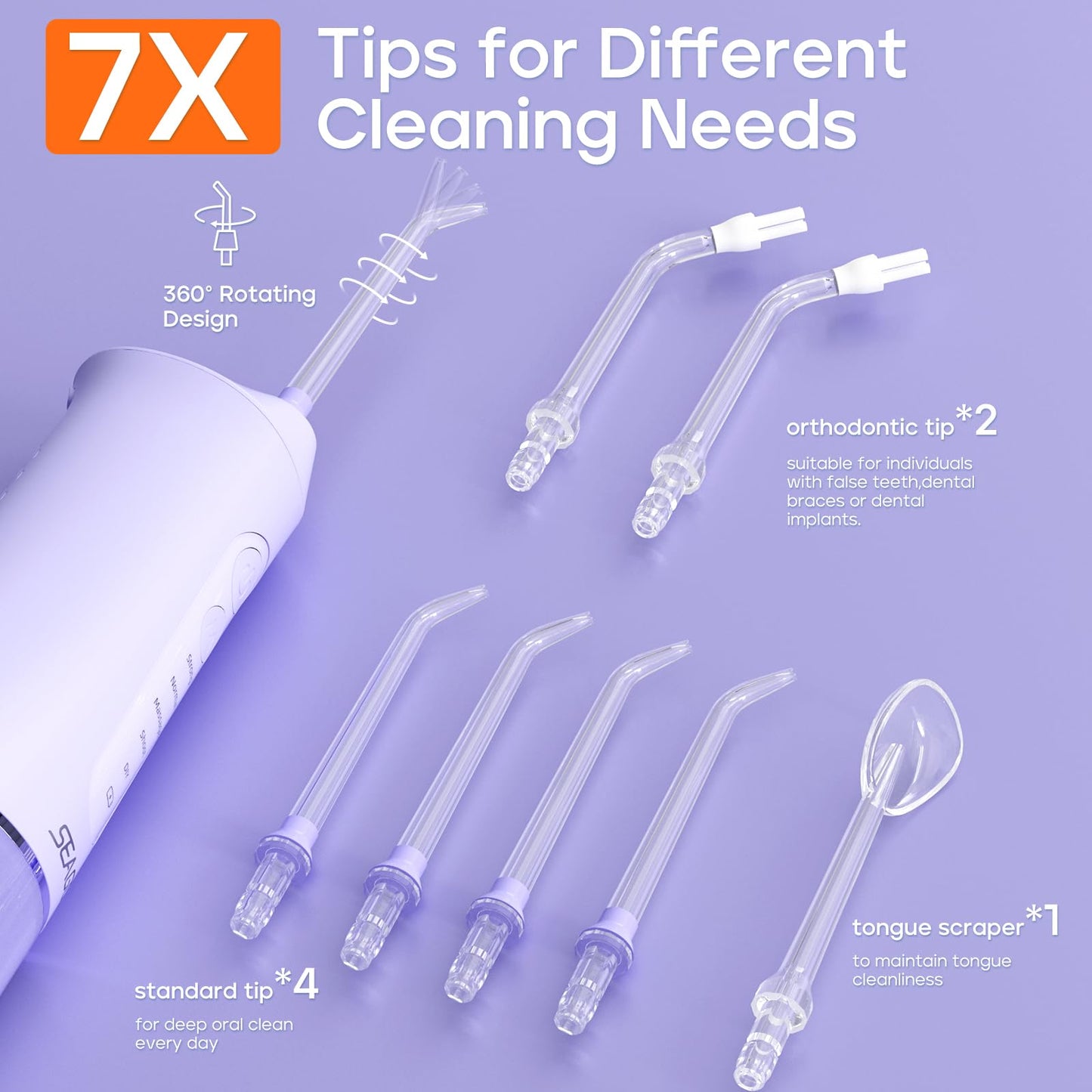 SEAGO Water Dental Flosser Cordless for Teeth, 5 Modes and 7 Nozzles, Dental Water Flosser 300mL, DIY Mode Memory Function, IPX7 Waterproof Dental Flosser, SG8019 Purple