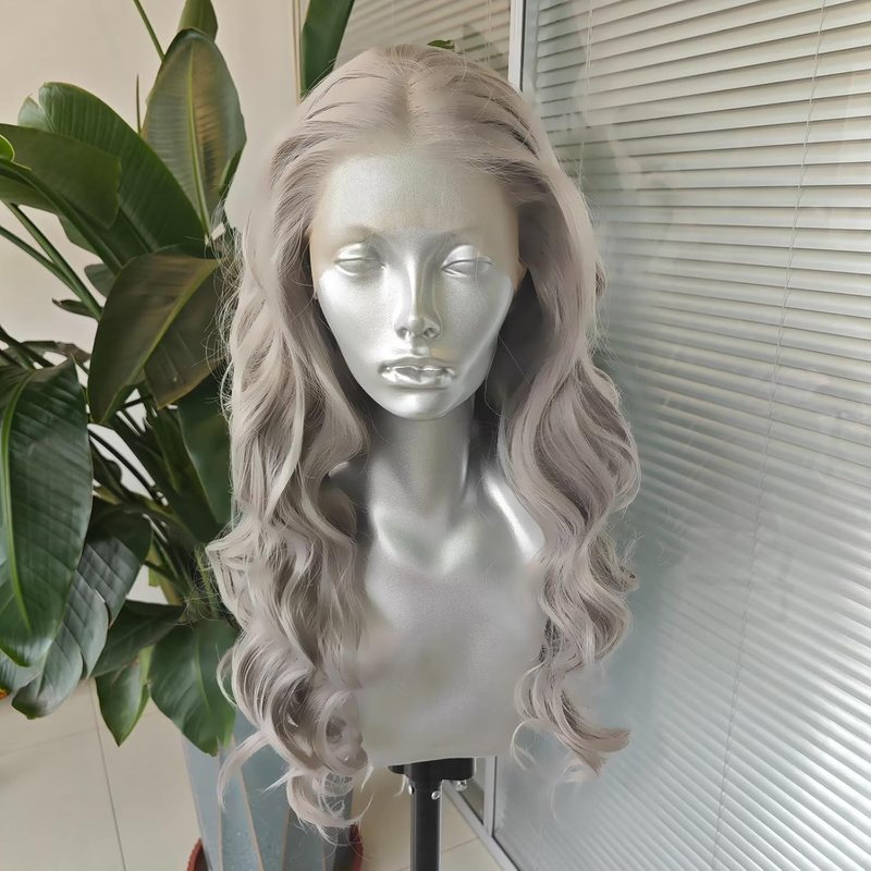 Long Body Wave Lace Front Wig - Sliver Grey Natural Wavy Heat Resistant Synthetic Hair | 24 Inch for Women & Girls